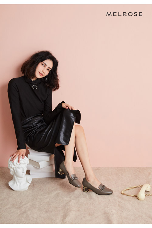 高跟鞋 MELROSE 典雅氣質鍊條設計特色鞋跟小牛皮高跟鞋－可可