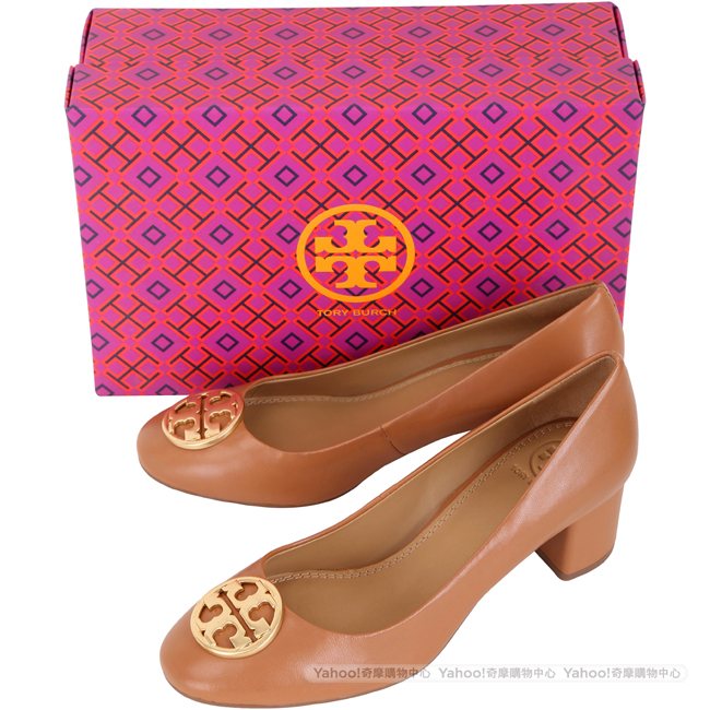 TORY BURCH Chelsea 黃銅標誌納帕牛皮粗跟鞋(棕色)