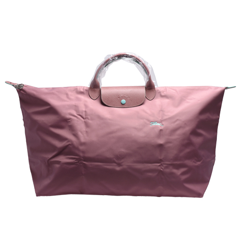 LONGCHAMP Le Pliage刺繡摺疊暗釦/拉鍊短提把尼龍水餃包-XL-古董粉紅色