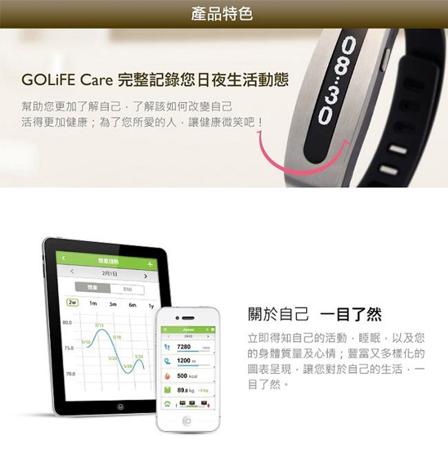 GOLiFE 第二代Care 健康智慧手環(by PAPAGO!) -玫瑰金黑色