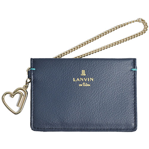 LANVIN 品牌經典LOGO圖騰牛皮愛心掛飾名片夾(深藍)