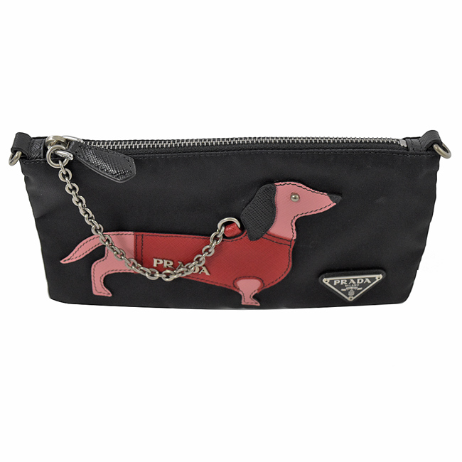 PRADA 三角LOGO立體狗狗圖樣尼龍小鍊包/手拿包(粉/黑)