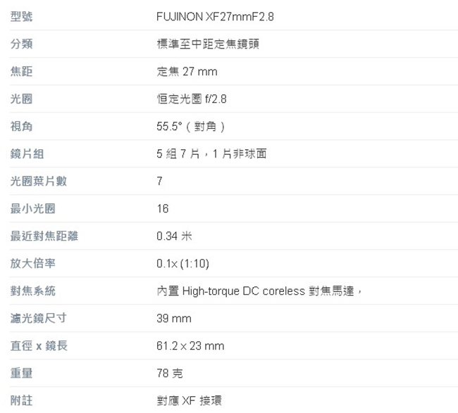 FUJIFILM XF27mmF2.8 標準至中距定焦鏡頭*(平輸)