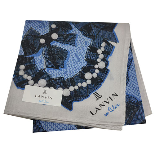 LANVIN en Bleu 優雅珍珠蝴蝶結圖騰字母LOGO帕領巾(灰/籃底)