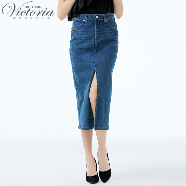 Victoria 吸濕排汗高彈膝下窄裙-女-深藍
