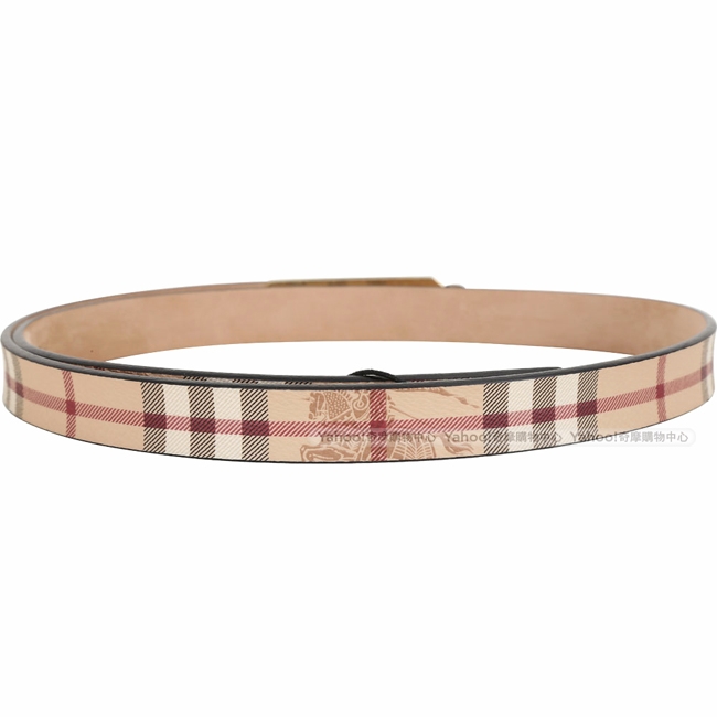 BURBERRY Haymarket 黃銅鐫刻金屬牌格紋窄版皮帶(卡其色)