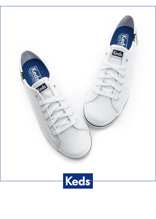 Keds KICKSTART 中性基本綁帶皮革休閒鞋-白/藍