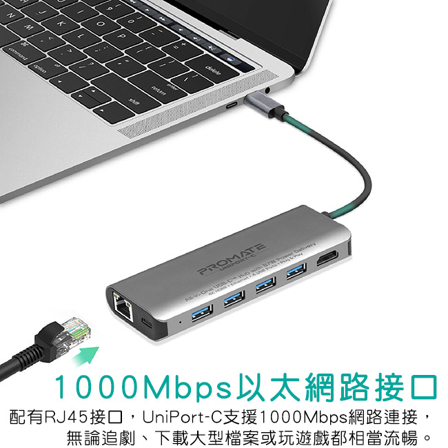 Promate 7合1 USB Type C 充電傳輸集線器(UniPort-C)