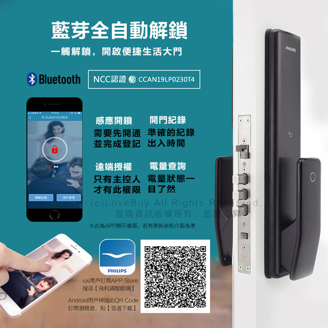 PHILIPS飛利浦指紋/卡片/密碼/鑰匙/藍芽電子門鎖Alpha-曜石黑(附基本安裝)