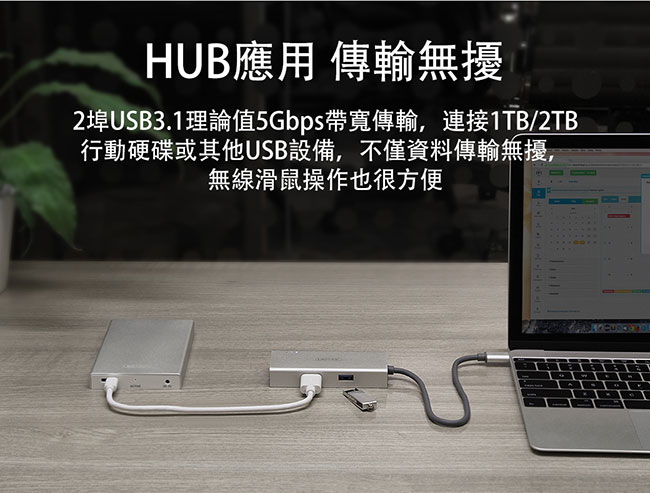 UNITEK Type-C 2埠USB3.1 HUB+有線網卡