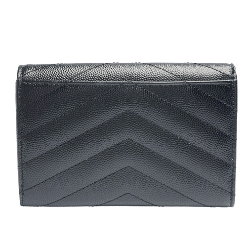 YSL MONOGRAM系列V字縫線魚子醬牛皮金色金屬LOGO暗釦零錢包(霾灰)