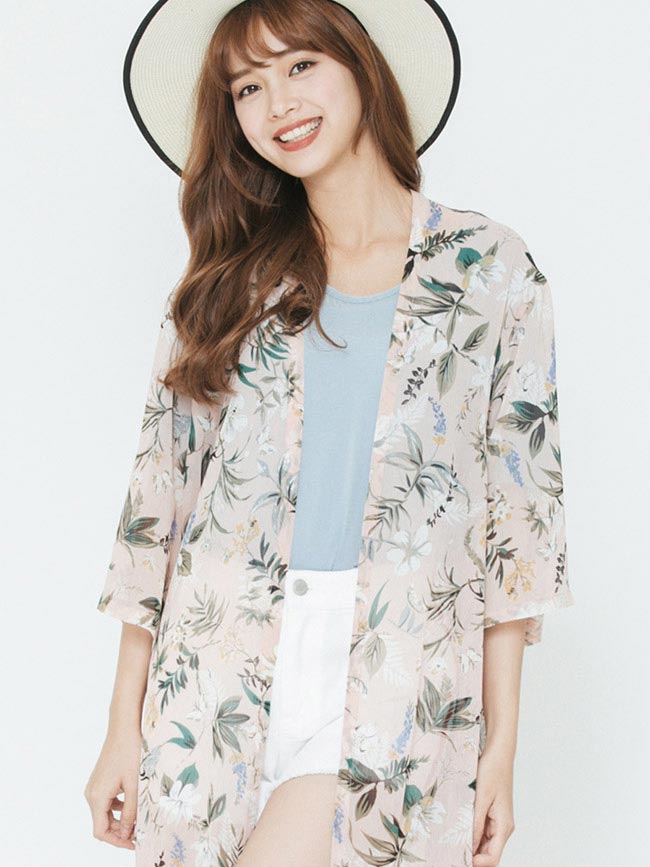 H:CONNECT 韓國品牌 女裝-輕盈開襟印花罩衫-粉