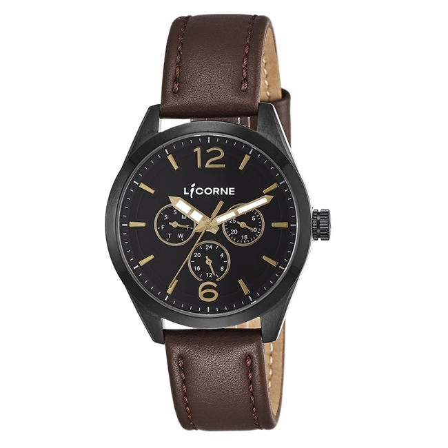 LICORNE 力抗錶 經典工藝三眼手錶 藍×深棕色/42mm