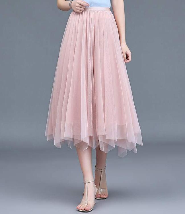 La Belleza兩面穿假兩件網紗拼接緞面百褶裙光澤感亮面大擺裙