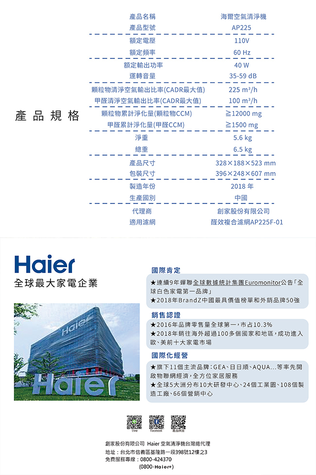 Haier 海爾 母嬰專用醛效小H空氣清淨機 AP225 除PM2.5 / 除甲醛