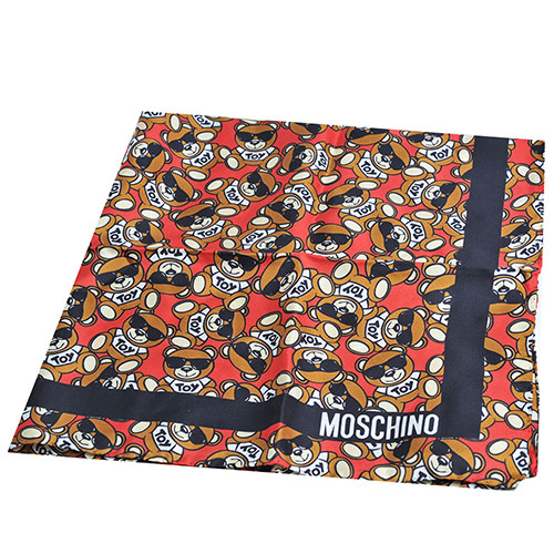 MOSCHINO 義大利繽紛TOY小熊LOGO圖騰100%絲質絲巾(紅/黑)