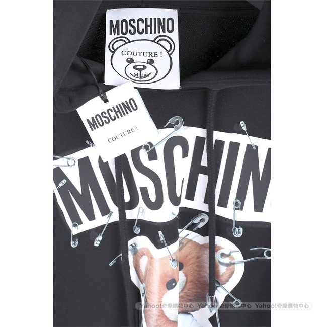 MOSCHINO 別針泰迪熊印花黑色連帽運動衫