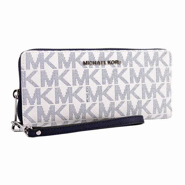 MICHAEL KORS JET SET TRAVEL銀字LOGO滿版防刮皮革長夾-白/藍