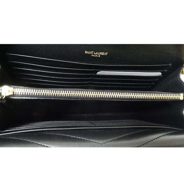 YSL SULPICE羊皮金釦山型紋雙層蓋鏈包(黑色)
