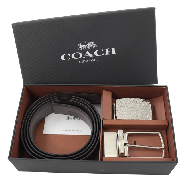 COACH 雙皮帶頭牛皮雙面皮帶禮盒組(黑深咖/銀)