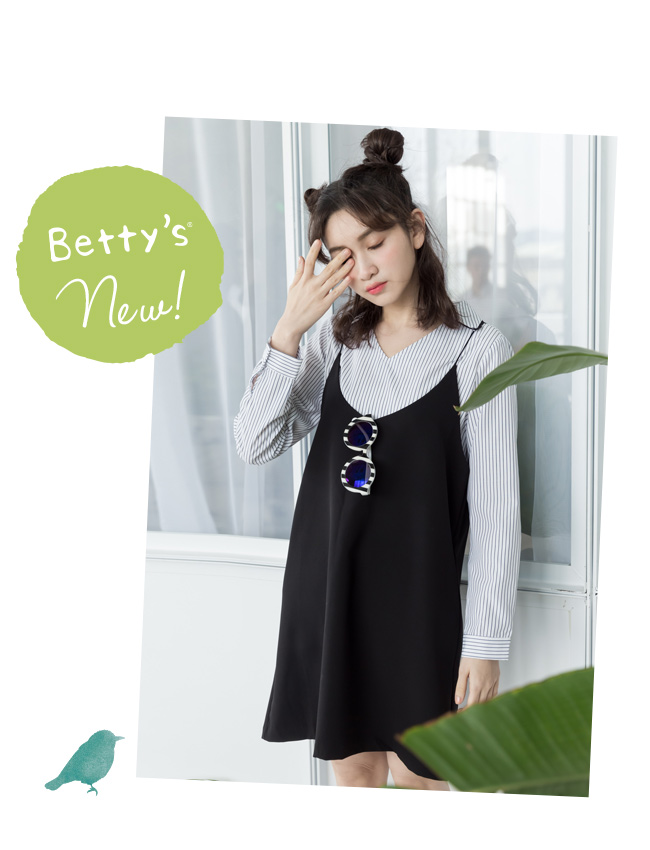 betty’s貝蒂思　條紋襯衫領上衣+細肩帶洋裝(黑色)