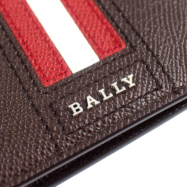 BALLY TRASAI品牌字樣經典紅白條紋咖啡色皮革短夾(零錢袋)