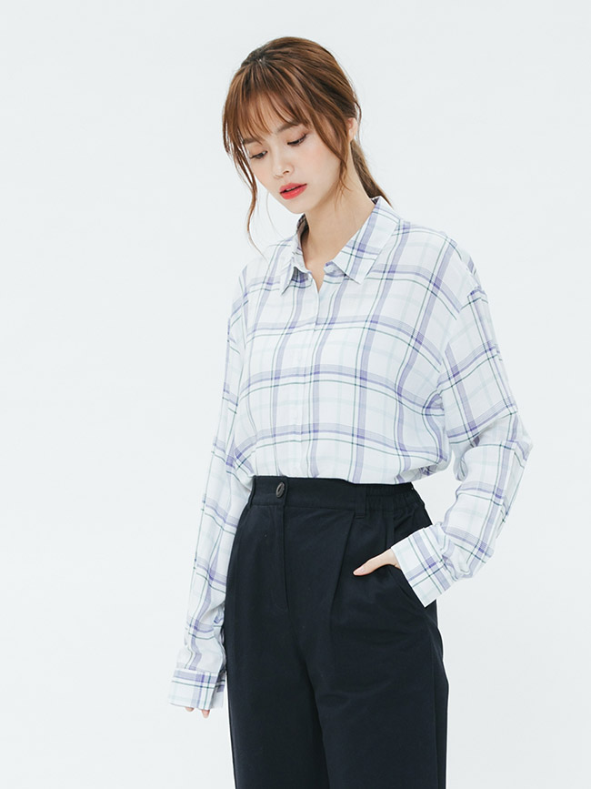 H:CONNECT 韓國品牌 女裝-輕薄亮眼格紋襯衫-白