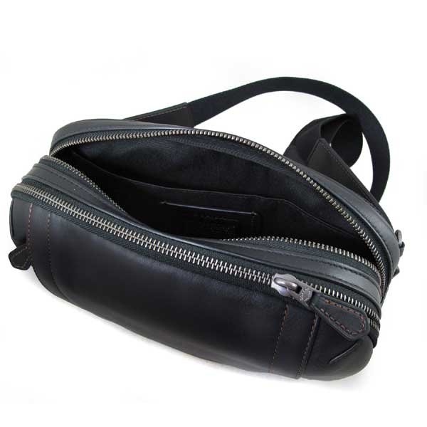 COACH 全皮革橘線雙層單肩斜後背胸包/腰包多用途男包(黑色)