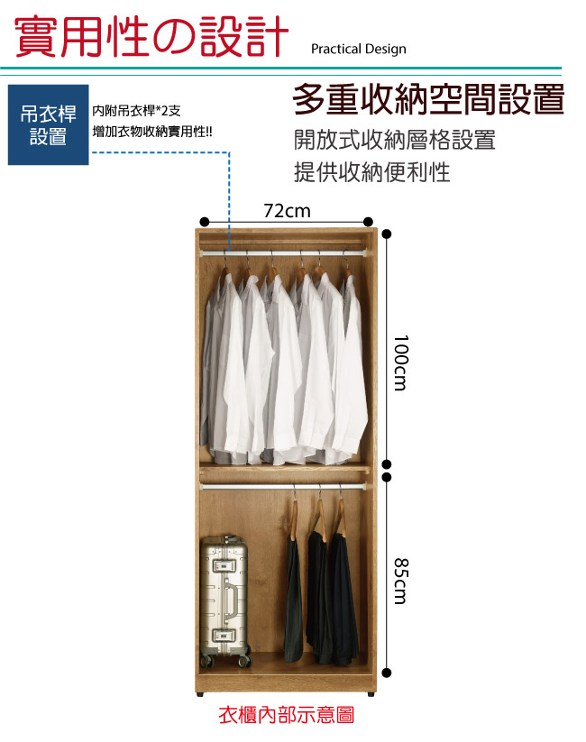 文創集 歐斯汀2.5尺開門衣櫃(雙吊衣桿＋開放式層格)-76x60.5x196.5cm免組