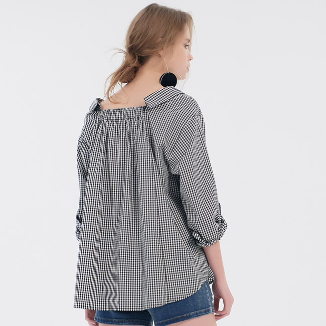 Gennies專櫃-兩穿式抓皺修身排扣格紋襯衫-黑白格(T3F01)