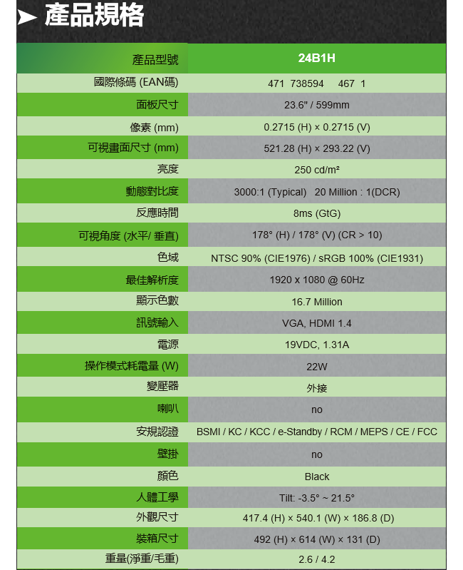 AOC 24B1H 23.6吋(16:9) 液晶顯示器