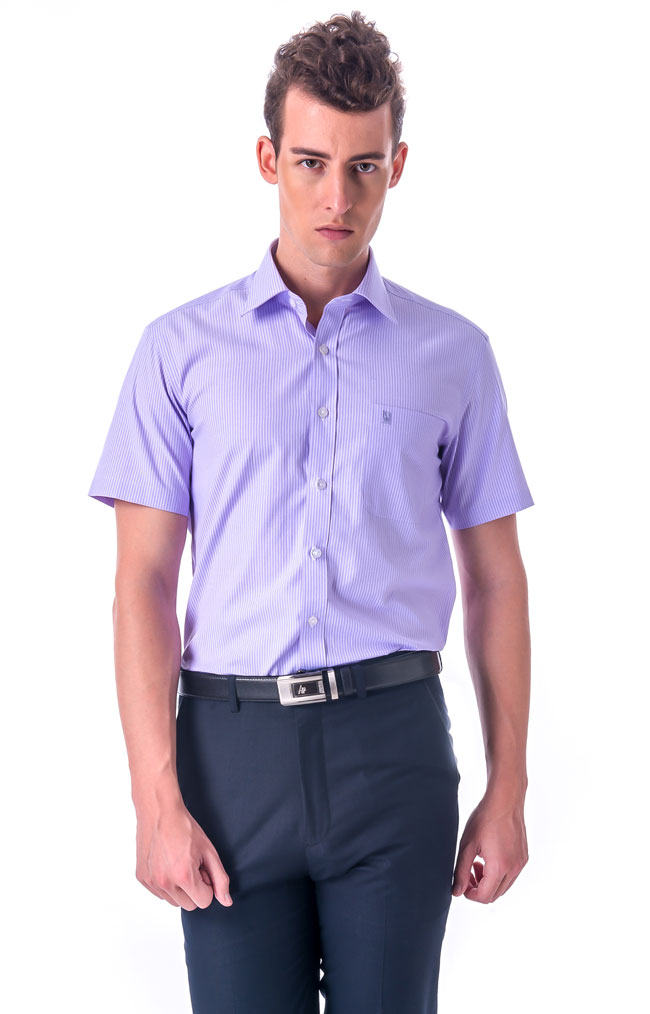 金‧安德森 紫色白細紋窄版短袖襯衫