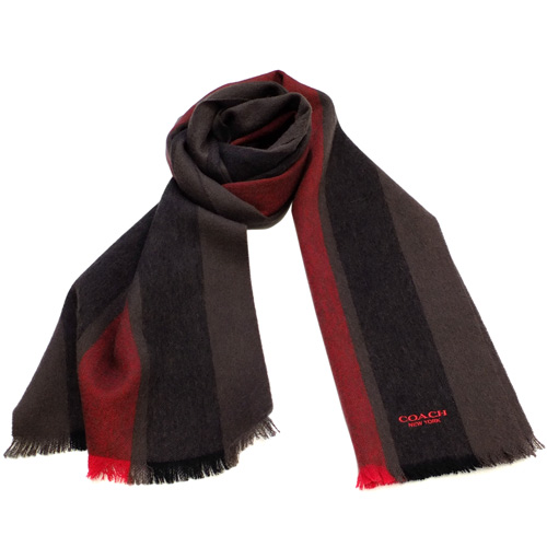 COACH可可拼紅直條紋羊毛圍巾(183x31cm)