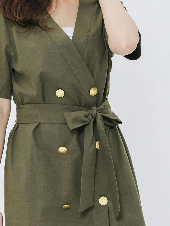 H:CONNECT 韓國品牌 女裝-雙排扣綁結V領洋裝-綠