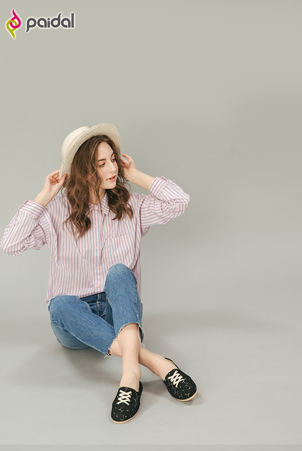 Paidal修長款假鞋帶休閒鞋懶人鞋-布蕾絲小黑鞋