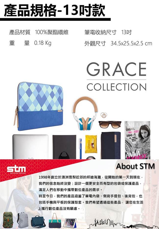 STM Grace Sleeve 13吋 時尚菱格紋筆電內袋 / 防震包 (藍)