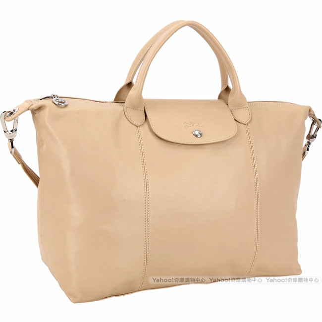 LONGCHAMP Le pliage Cuir 大型短提把羊皮摺疊手提肩背包(米金色)