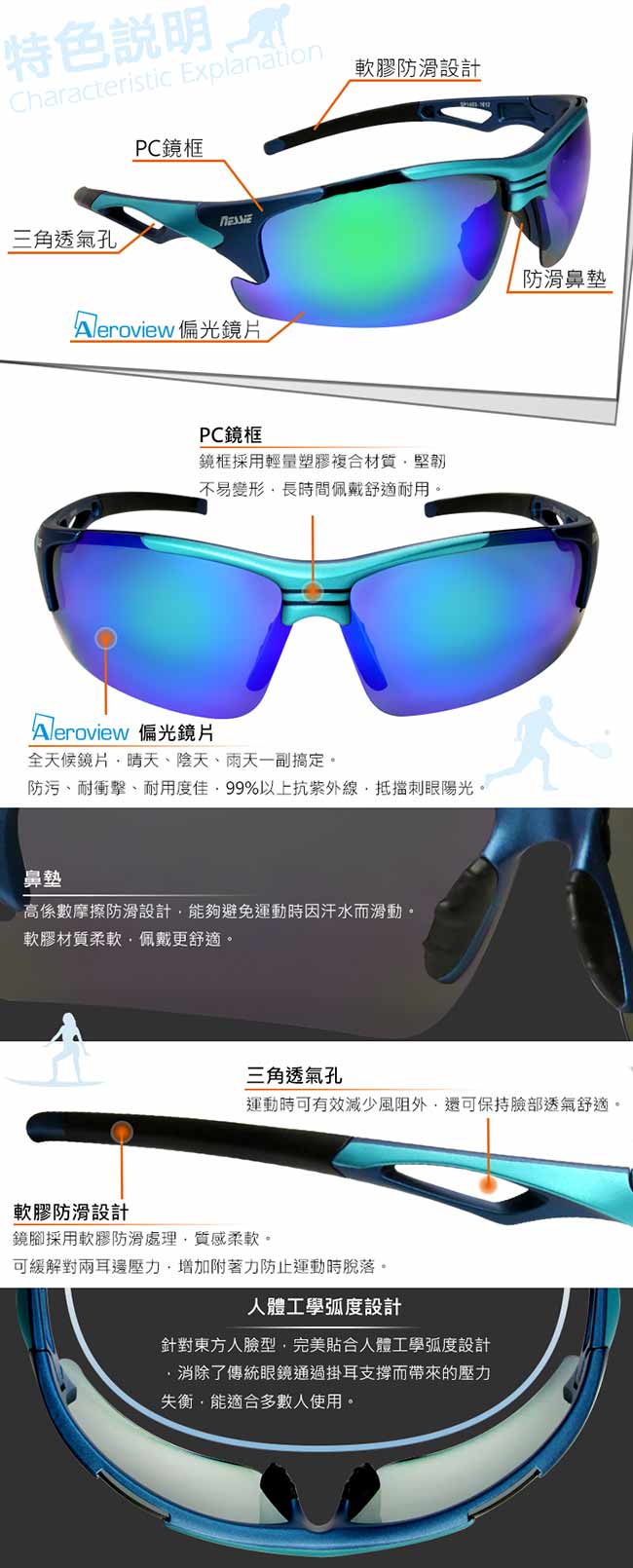 【Nessie尼斯眼鏡】偏光太陽眼鏡-專業運動款(越野藍)贈眼鏡盒 抗UV紫外線 健走