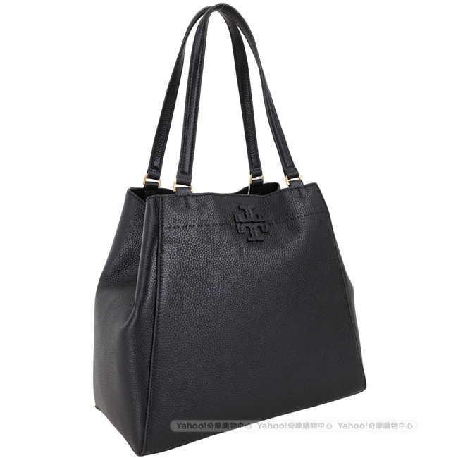 TORY BURCH McGraw Carryall 雙T縫線設計荔紋牛皮托特包(黑色)