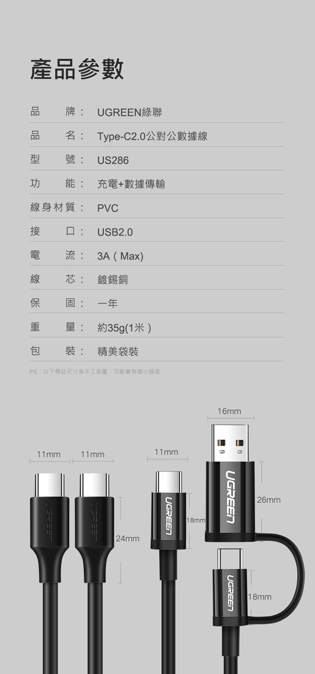 綠聯 Type-C 2.0快充傳輸線 黑色 1.5M