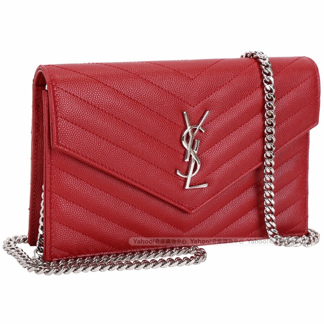 YSL Saint Laurent MONOGRAM 小型斜壓魚子醬牛皮鍊帶包(紅色)