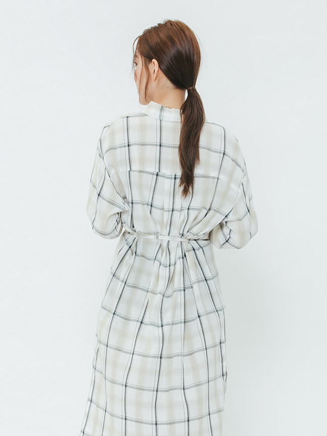 H:CONNECT 韓國品牌 女裝-格紋綁繩襯衫洋裝-卡其