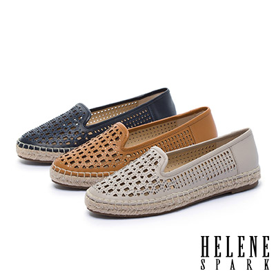 休閒鞋 HELENE SPARK 時尚造型沖孔晶鑽全真皮草編厚底休閒鞋－藍