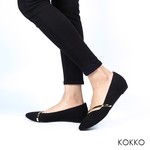 KOKKO - 輕奢女神金屬尖頭楔型真皮鞋-黑