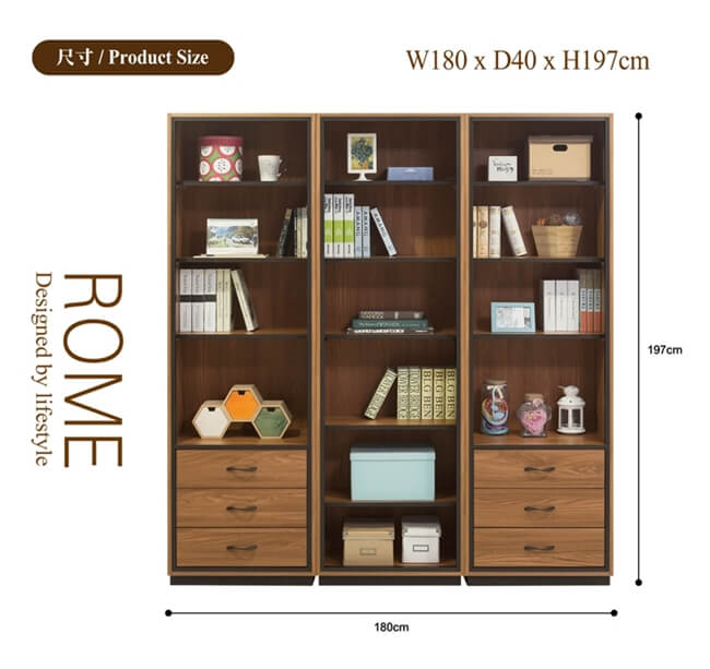 日本直人木業-ROME胡桃木工業風180CM二個3抽書櫃加一個開放書櫃