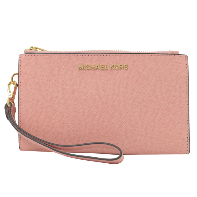 MICHAEL KORS Jet Set 防刮牛皮對開式雙拉鍊手掛中夾(淡粉)