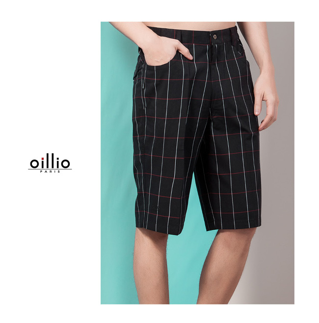 oillio歐洲貴族 休閒透氣純棉短褲 簡約素面格紋 黑色