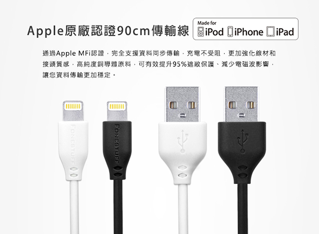 FoneStuff FSL90 Apple原廠認證Lightning傳輸線-90公分(黑)