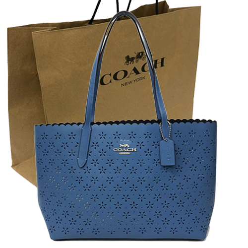COACH 經典LOGO滿版簍空雕花皮革手提肩背兩用大托特包(黛藍)