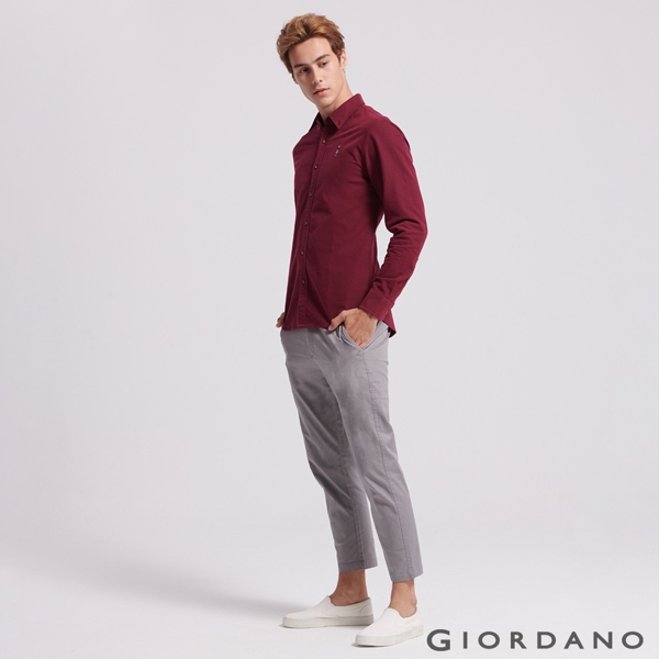 GIORDANO 男裝紳士刺繡牛津紡長袖襯衫-19 酒紅